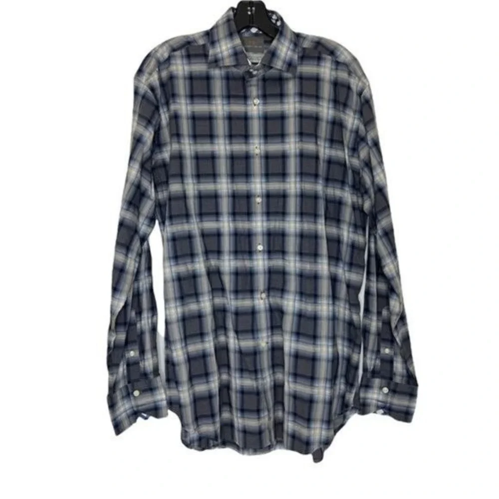 Thomas Dean Mens L Pima Cotton Plaid Button Down Shirt Grey Blue Gingham Trim